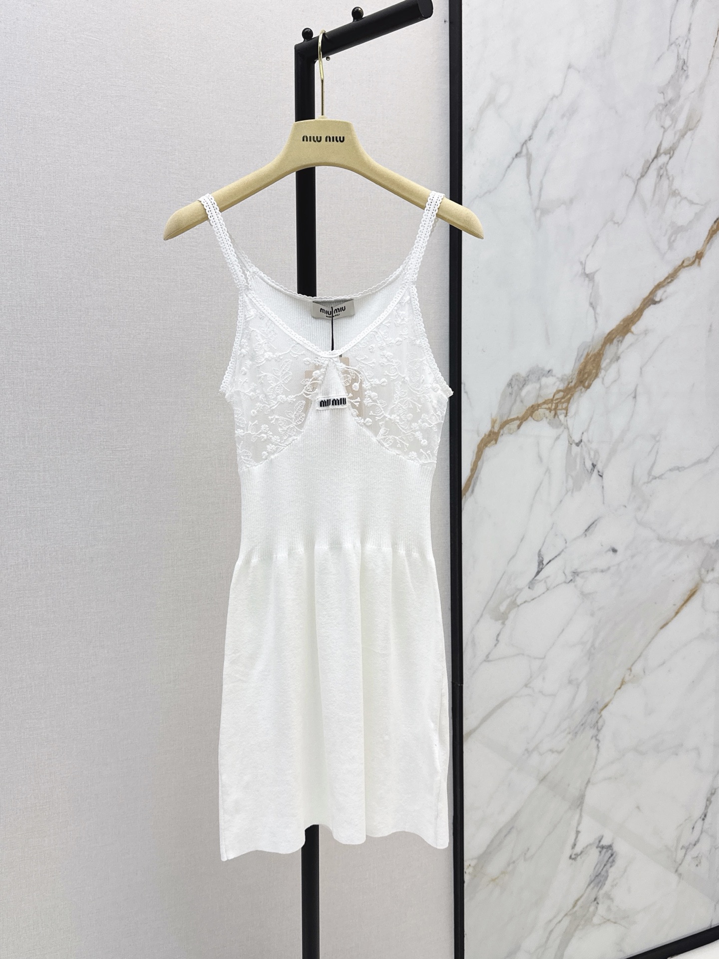 Miu New Lace-Trimmed Spaghetti Strap Knit Dress