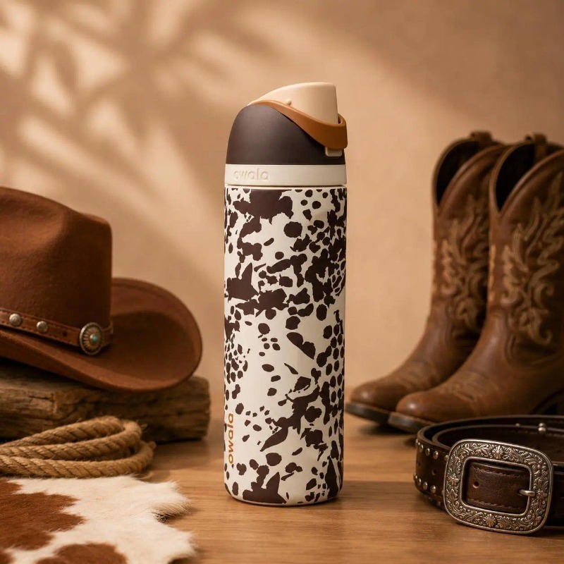 FreeSip 24oz Cow Print Insulated Stainless Steel Water Bottle with Straw