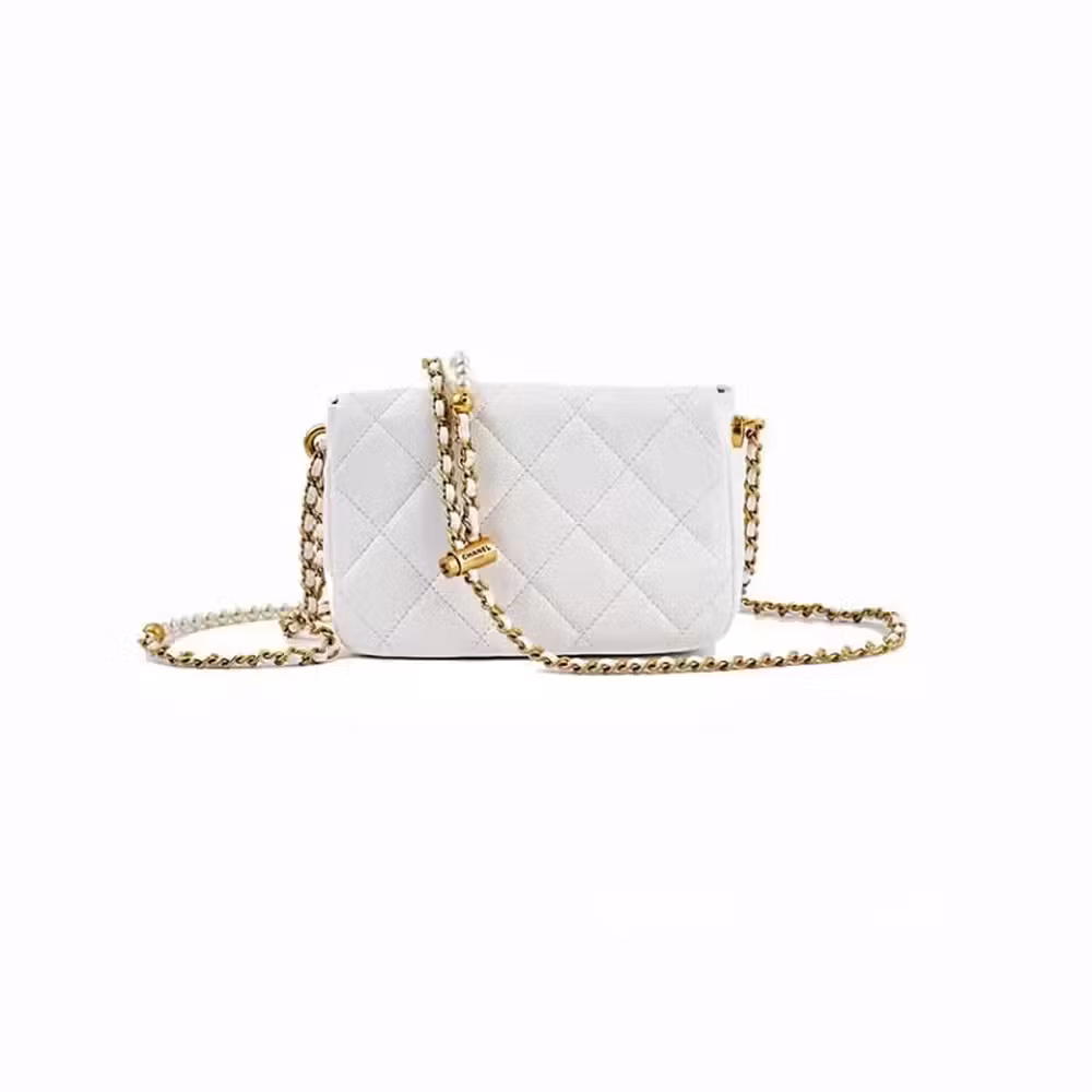 Chanel (CHANEL) women's bag CF21K white square fat gold buckle leather wear chain pearl chain messenger bag women's AS2855-B06895-10601 length 18cm wide 6cm high 13cm