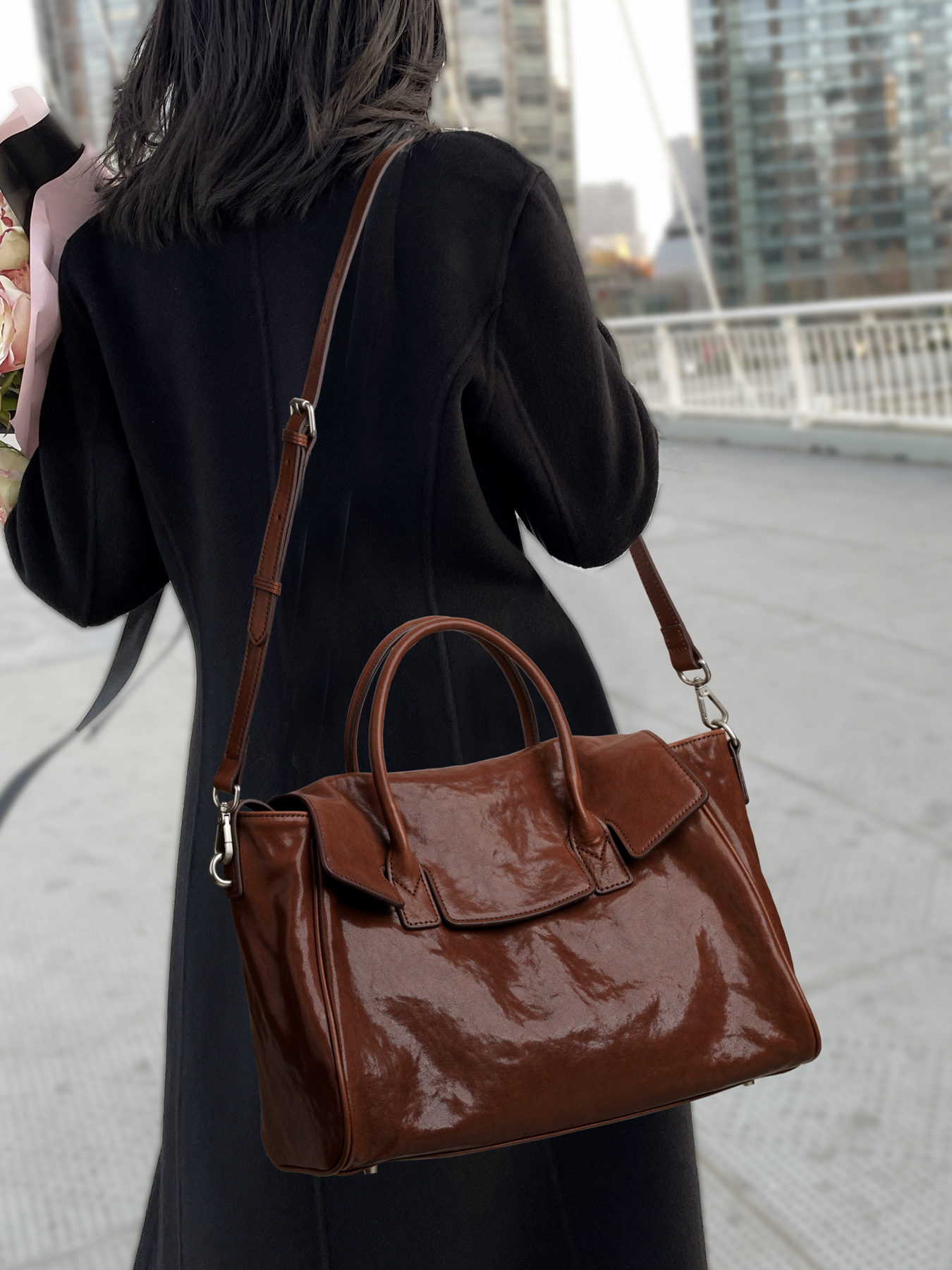 Glossy Cognac Brown Patent Leather Satchel