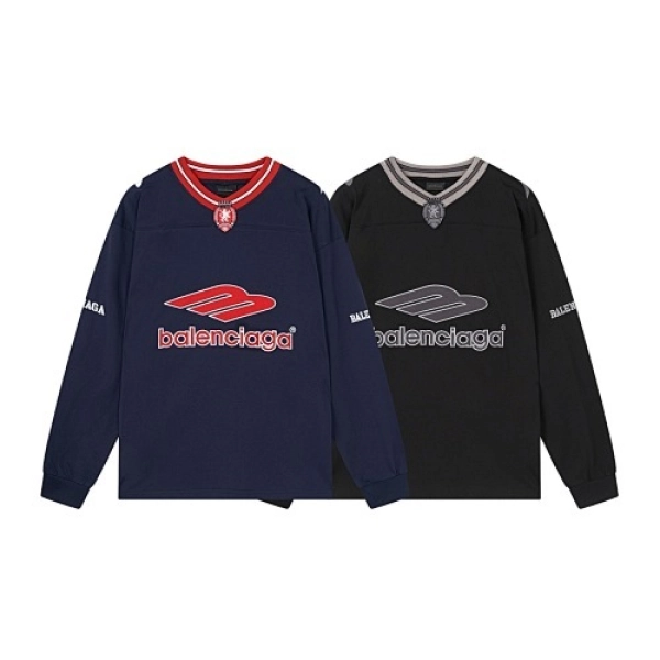 Balenciaga Clothes 3B Silhouette Ribbed V-Neck Embroidered & Printed Long-Sleeve T-Shirt Black/Blue
