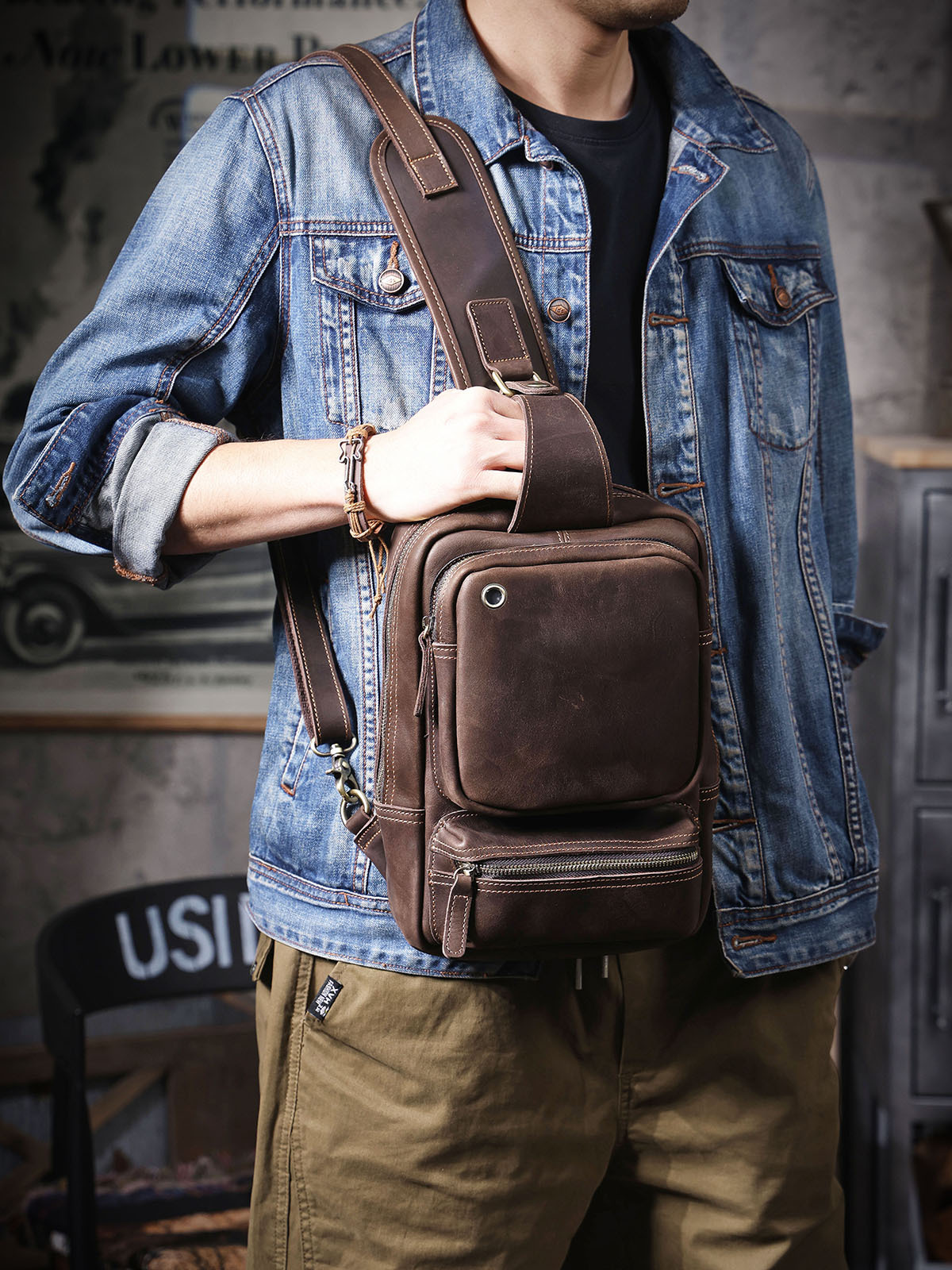 Vintage Full-Grain Leather Sling Bag - Rugged Utility for the Modern Explorer