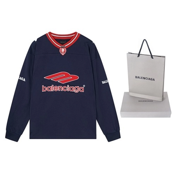 Balenciaga Clothes 3B Silhouette Ribbed V-Neck Embroidered & Printed Long-Sleeve T-Shirt Black/Blue