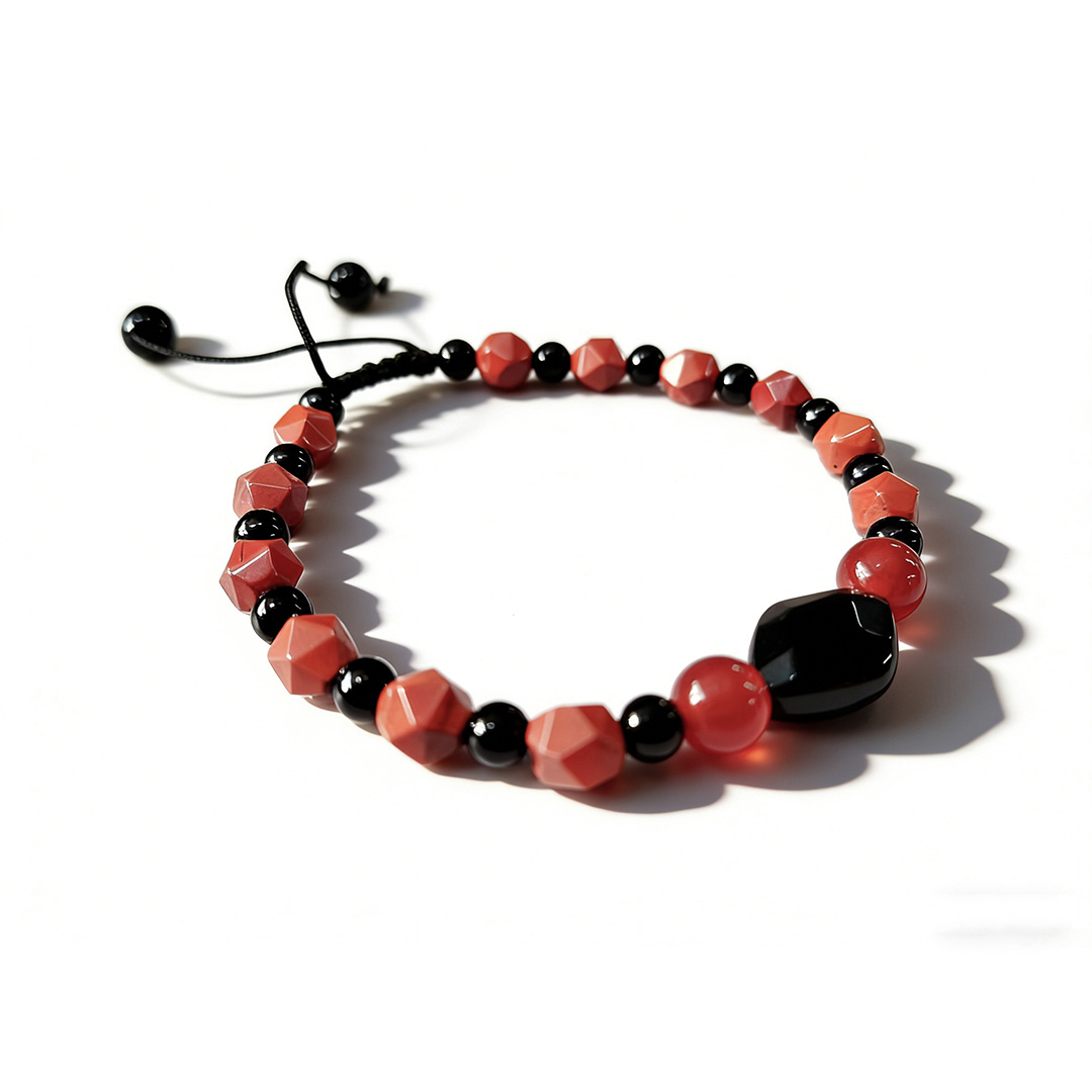 Faceted Red Stone Beaded Bracelet with Black Accent – Adjustable Handmade Bracelet
