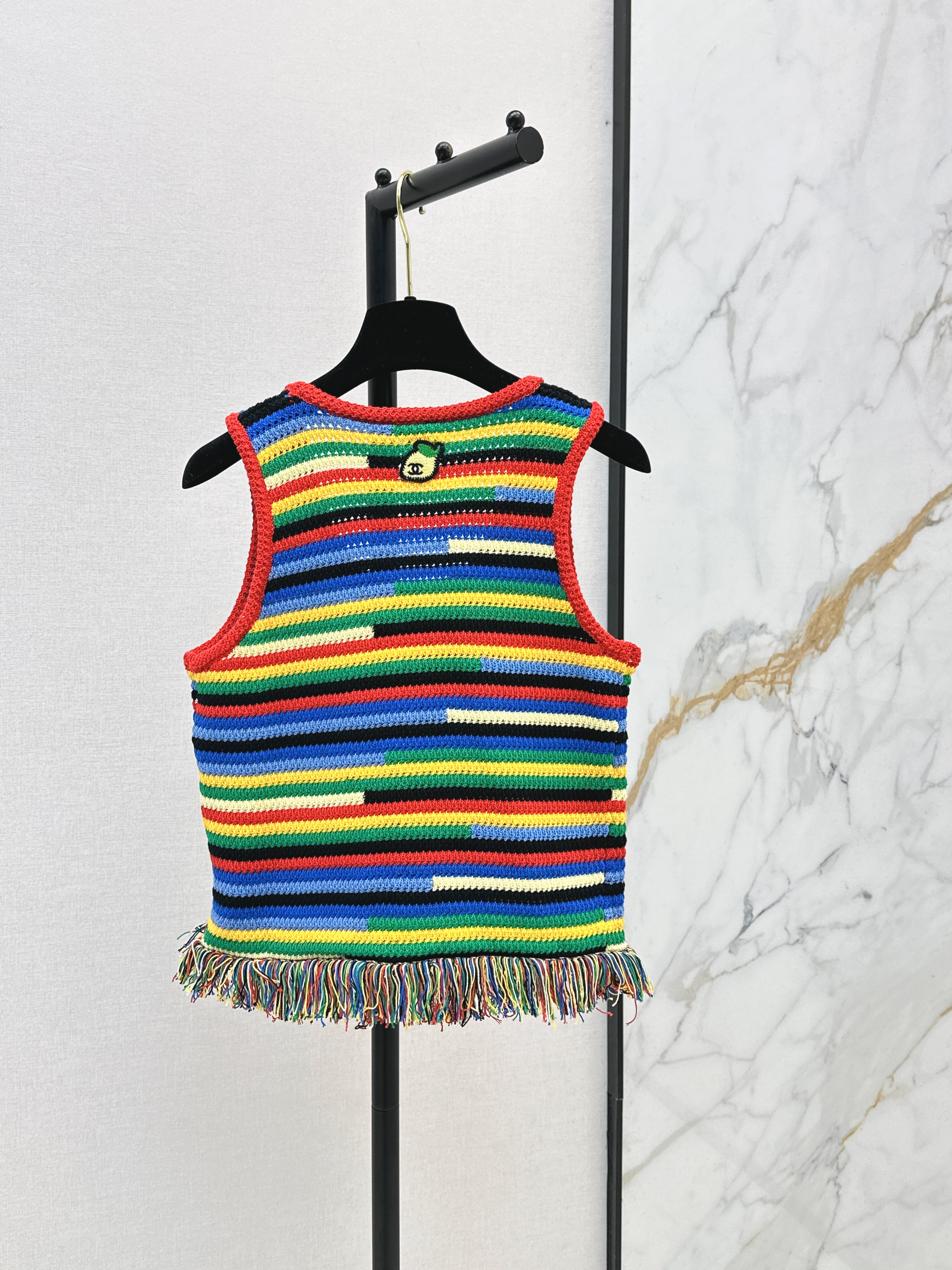 Chan New Striped Fringe-Trimmed Knit Vest