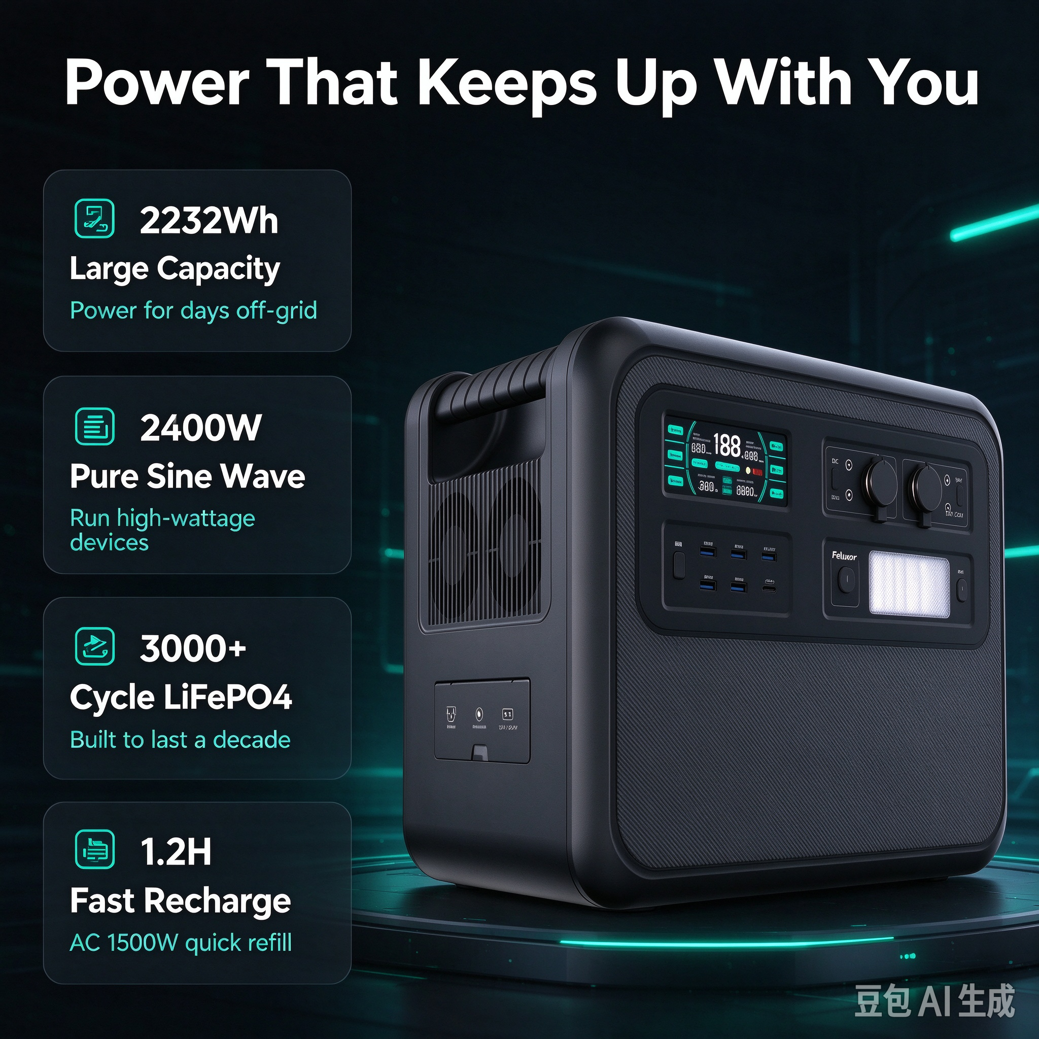 Feluxor QM2400W core features, 2232Wh, 2400W pure sine wave, 3000 cycles, 1.2H charge