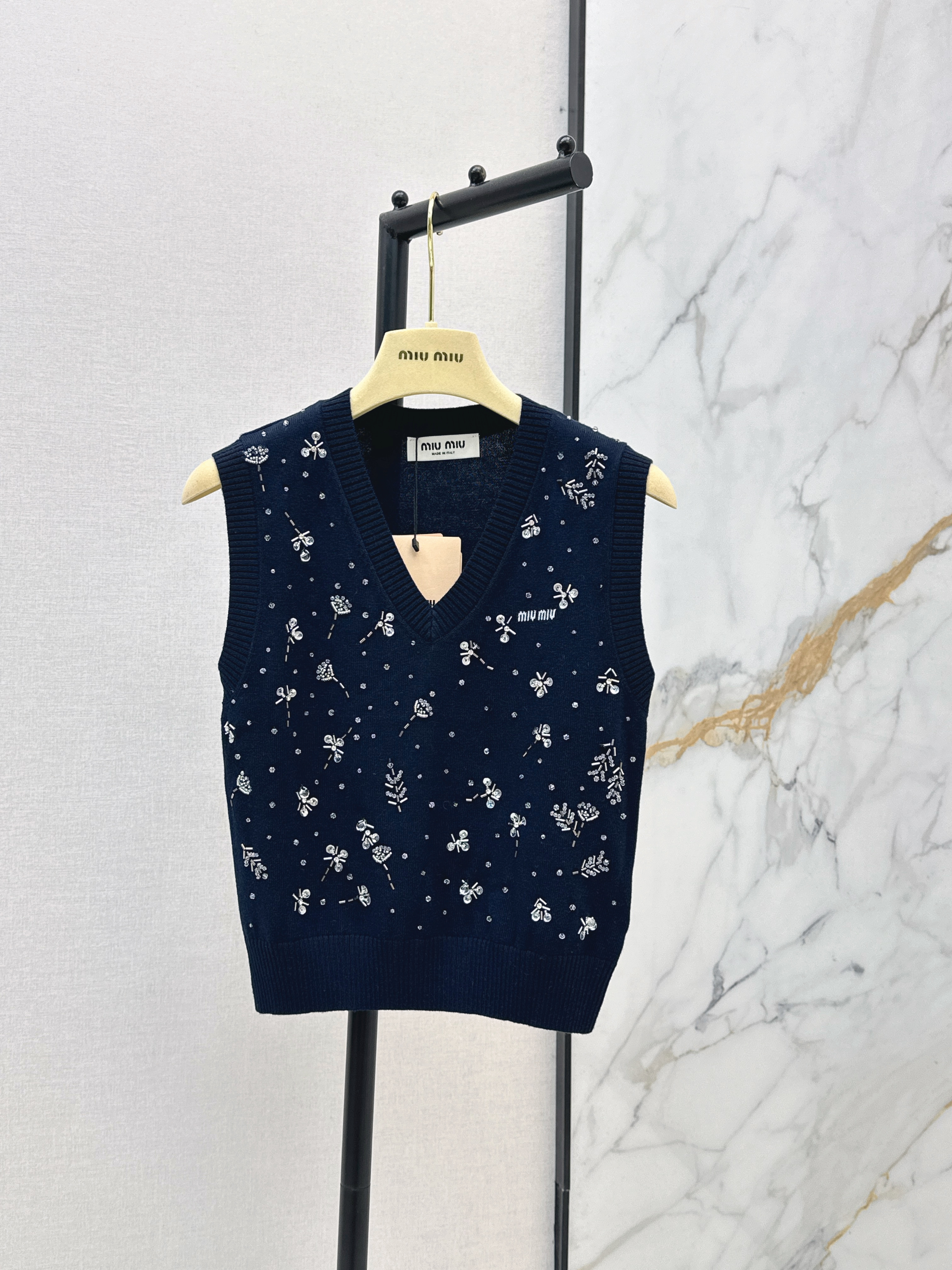 Miu New Beaded Flower Rhinestone Knitted Vest