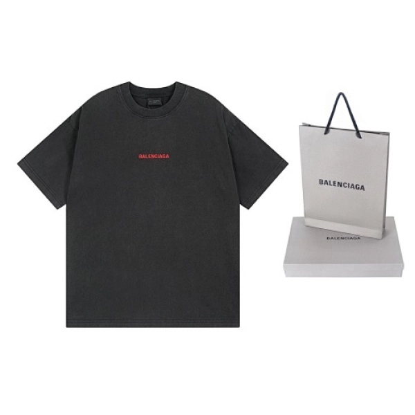 Balenciaga Clothes Logo Embroidered Washed Distressed T-shirt Black/Blue