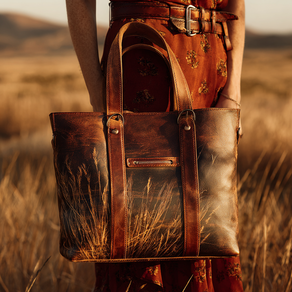 Handmade Full-Grain Leather Shoulder Bag with Prairie Grass Print