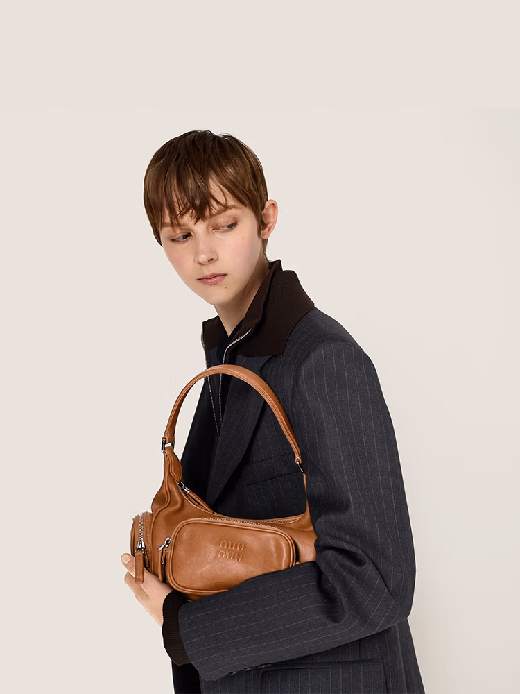 MiuMiu Miu Women Pocket Nappa Sheep Leather Small Shoulder Bag Handbag Caramel Color