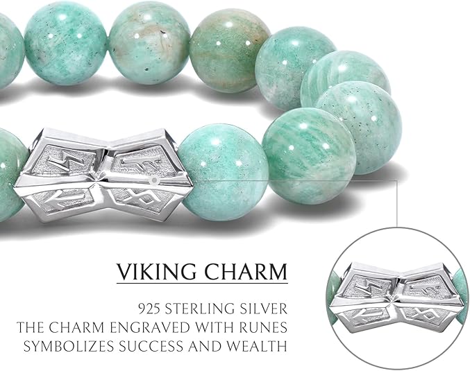 T40P-Amazonite Beaded Bracelet with Sterling Silver Rune Charm