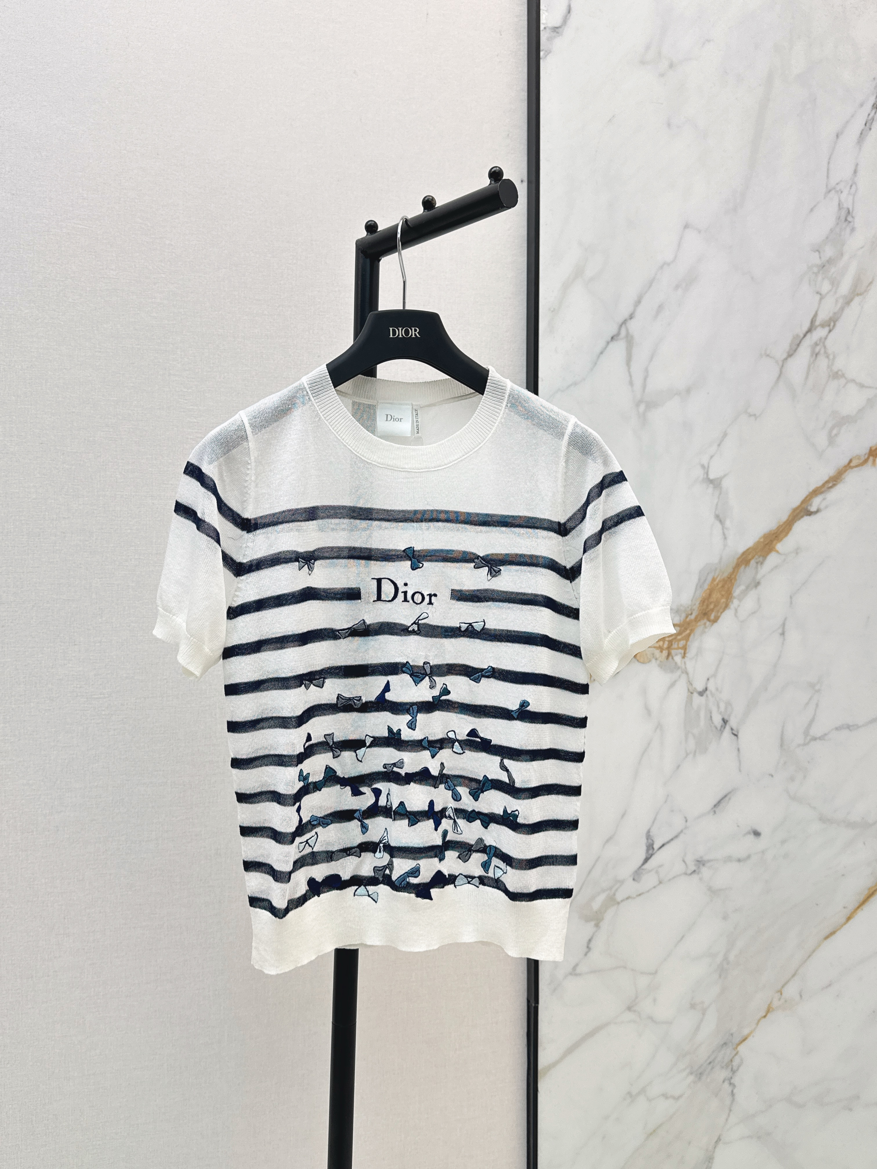 CD New Bow-Embroidered Striped Knit Top