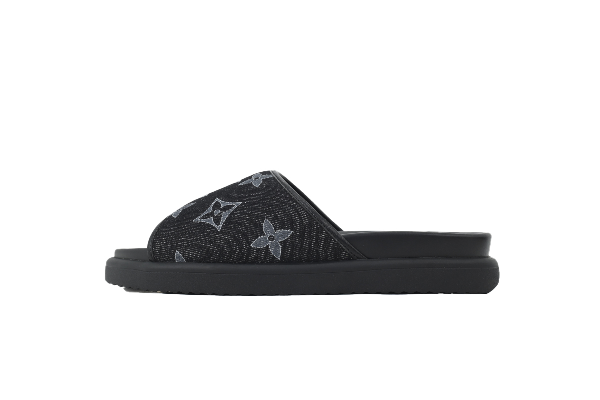 Pkkicks God Batch LOUIS VUITTON Slippers Black Denim Fabric