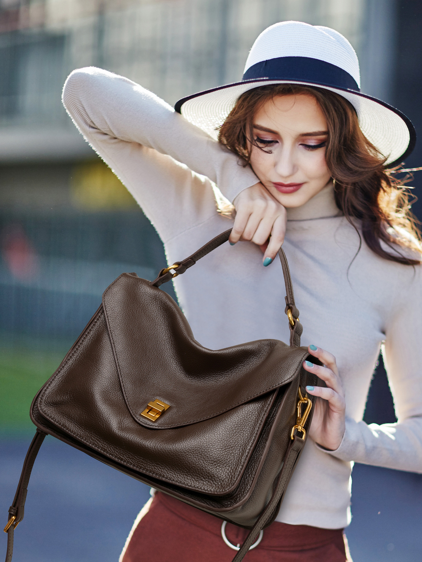 Camel Tan Pebbled Leather Flap Satchel