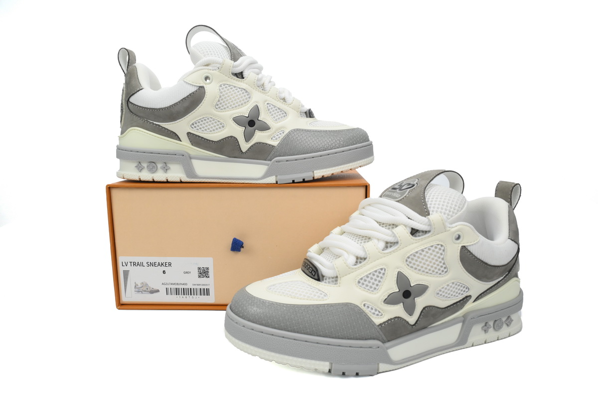 Pkkicks God Batch LOUIS VUITTON Leather lace up Fashionable Board Shoes White Gray 1ACQP4