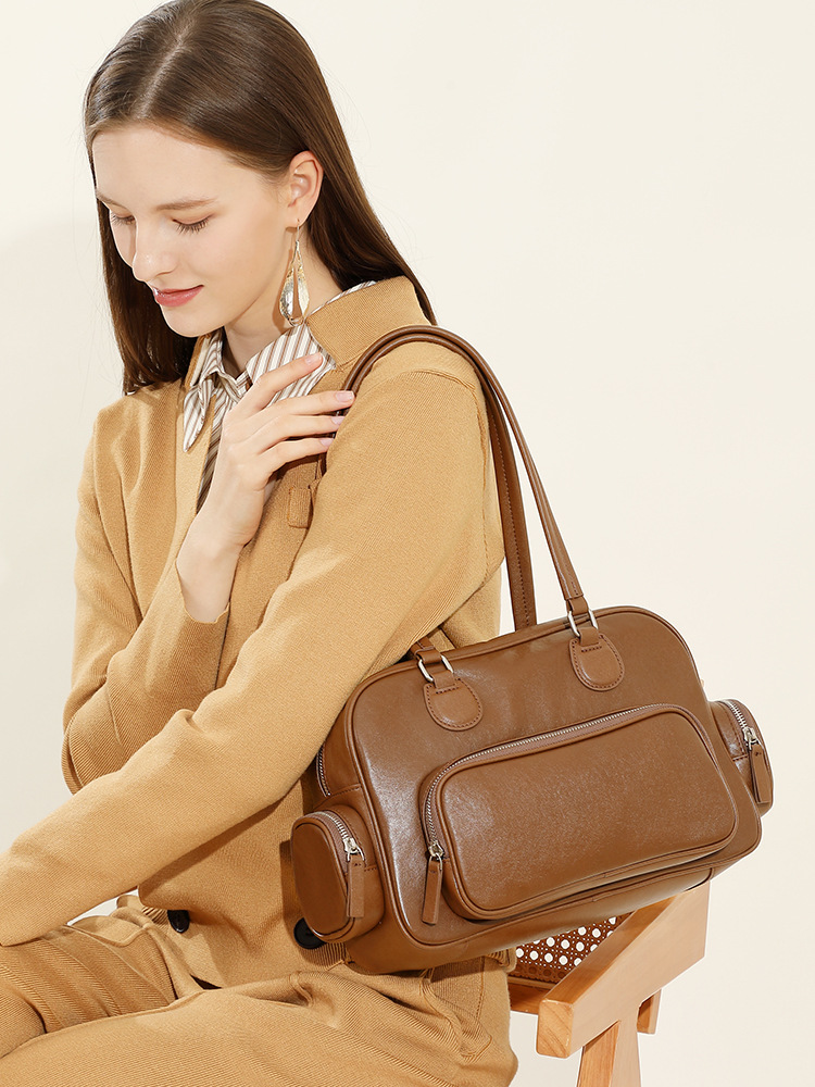 Brown Multi-Pocket Leather Shoulder Bag for Women