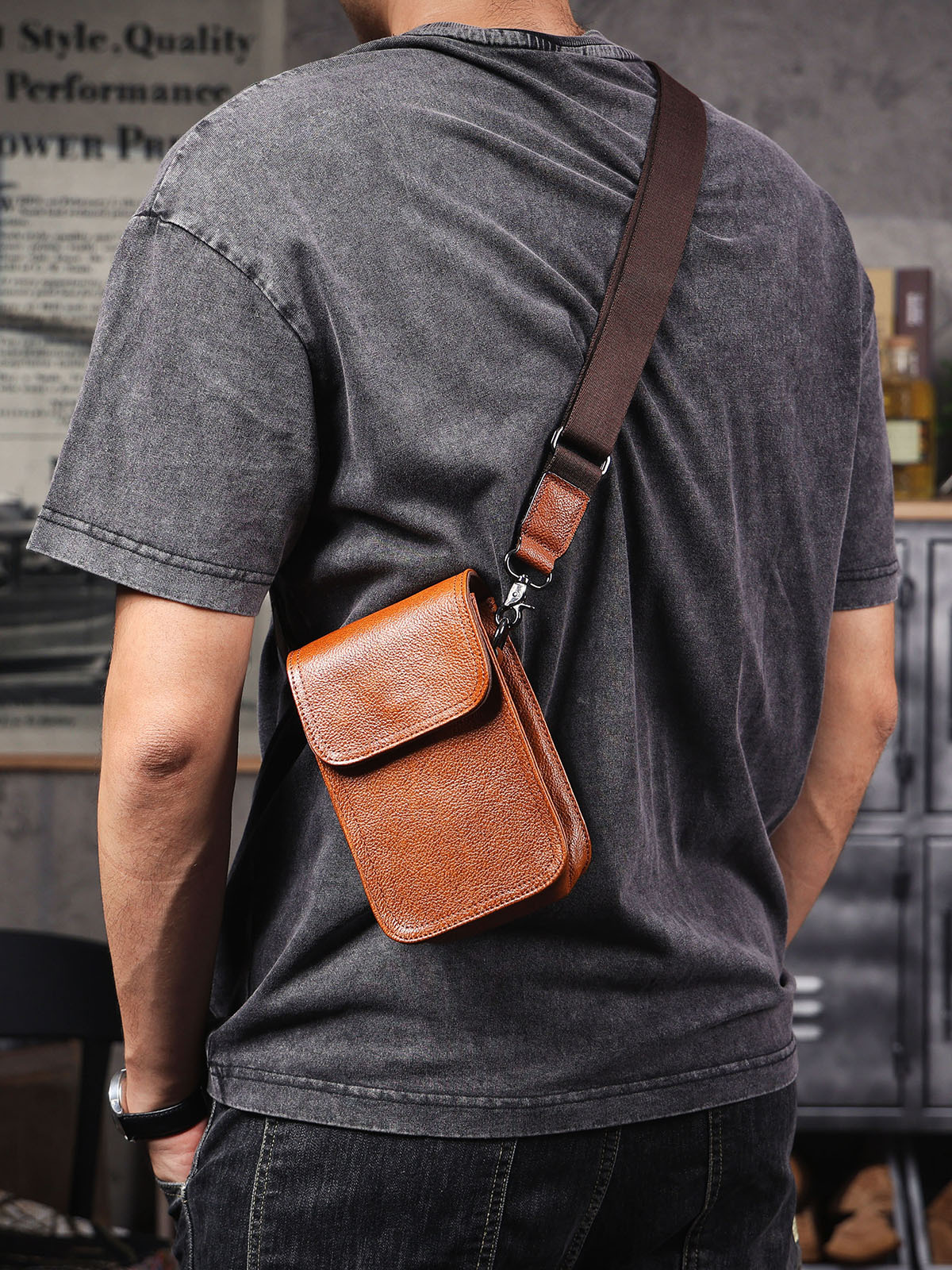 Vintage Tan Leather Ultra-Slim Phone Sling Bag - Minimalist Essential for Hands-Free Carry