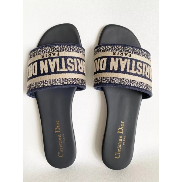 CHRISTIAN DIOR DWAY NAVY BLUE FABRIC SLIDES