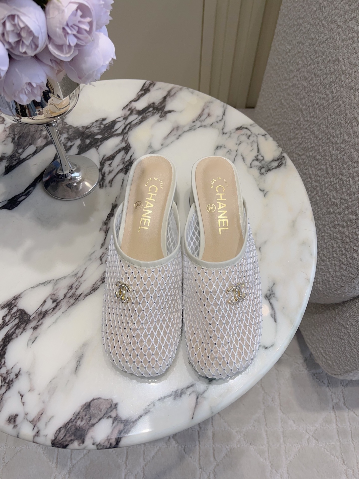Chan New Mesh Rhinestone Chunky Heel Slippers