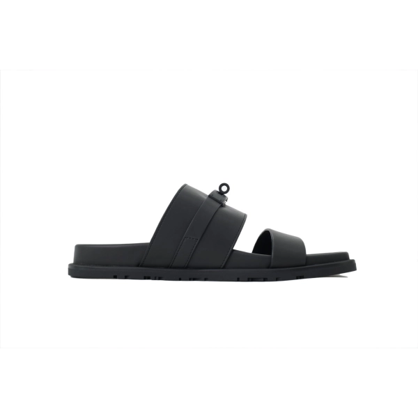 HERMES Solid Black Button Slides