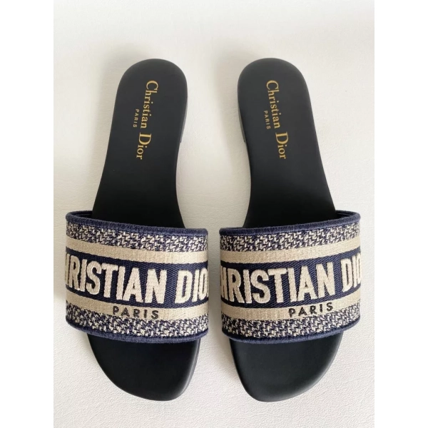 CHRISTIAN DIOR DWAY NAVY BLUE FABRIC SLIDES