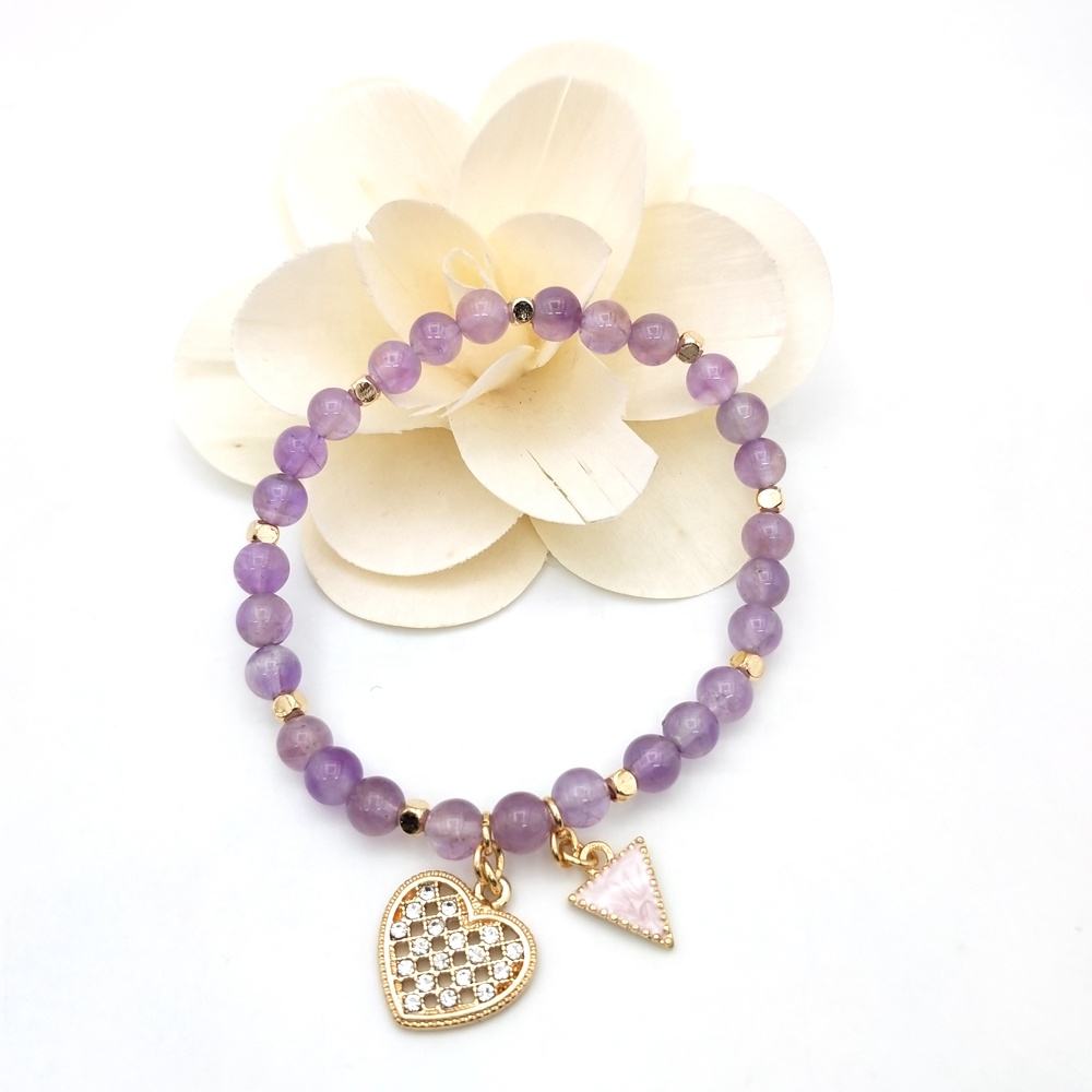 Amethyst Beaded Bracelet with Heart Charm