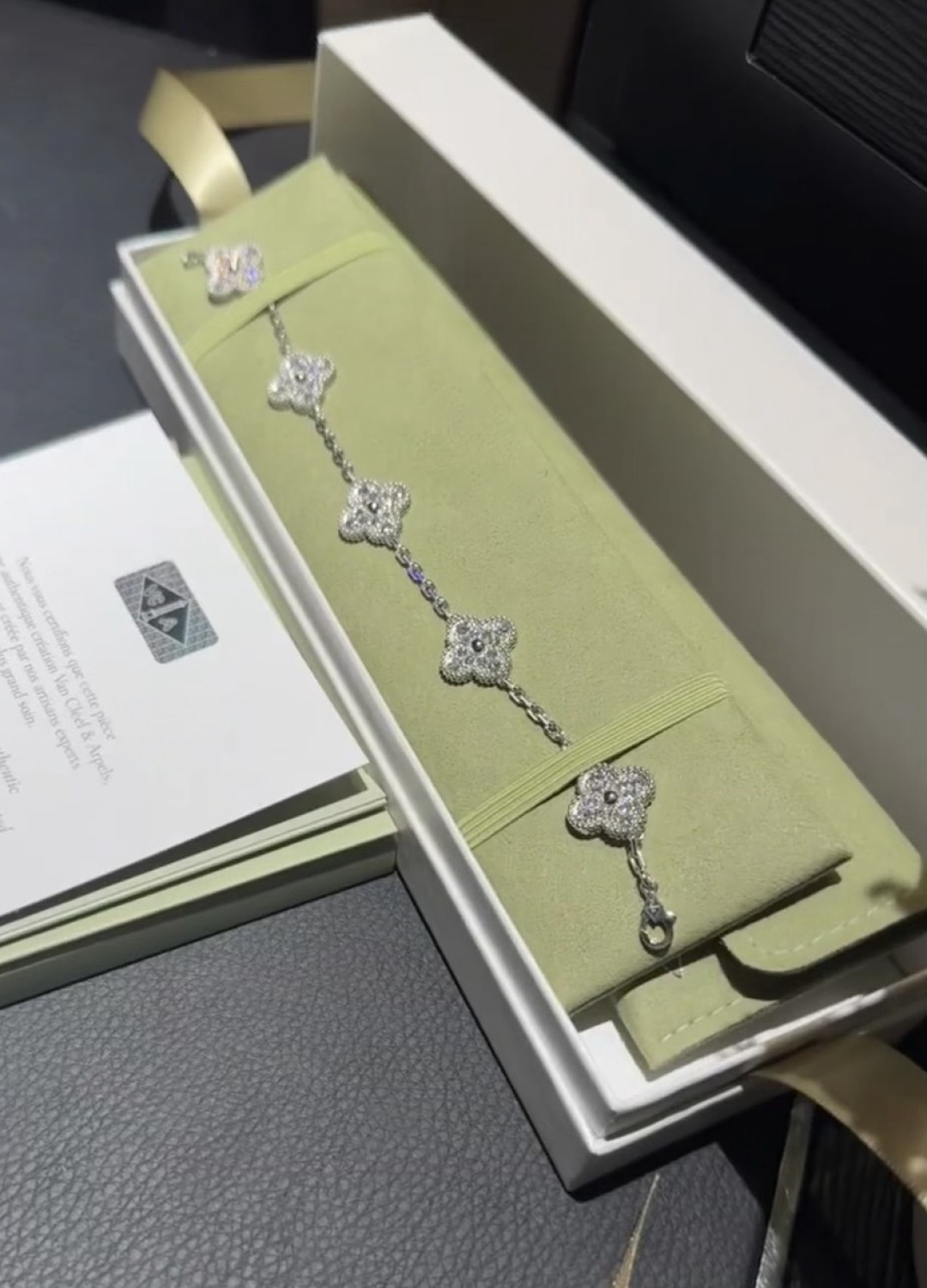 VCA  New Platinum-colored fully diamond-studded four-leaf clover bracelet