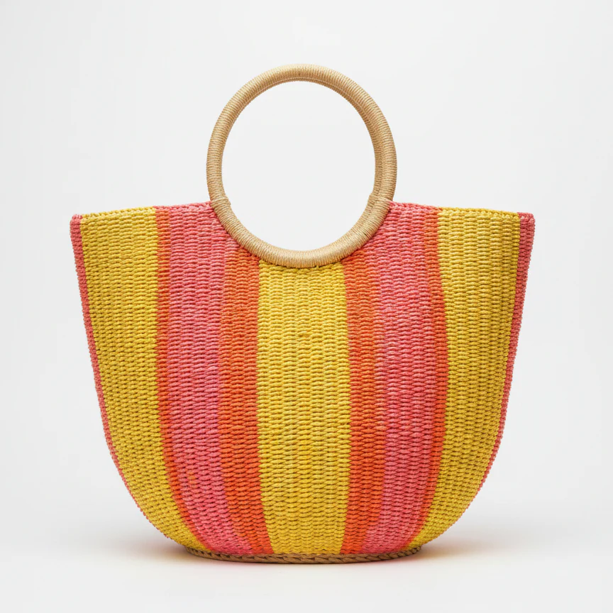 Round Striped Raffia Tote