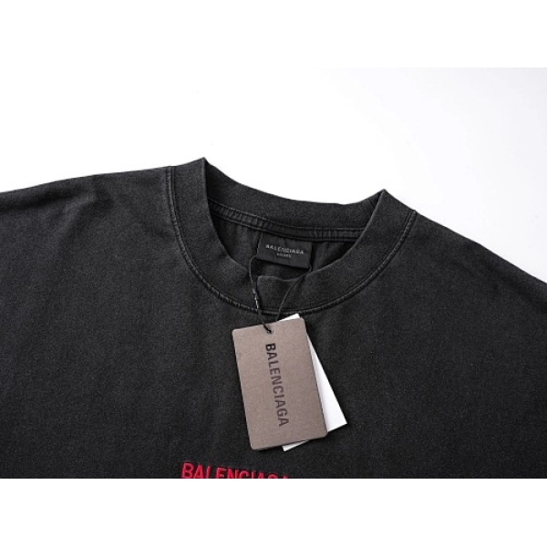 Balenciaga Clothes Logo Embroidered Washed Distressed T-shirt Black/Blue