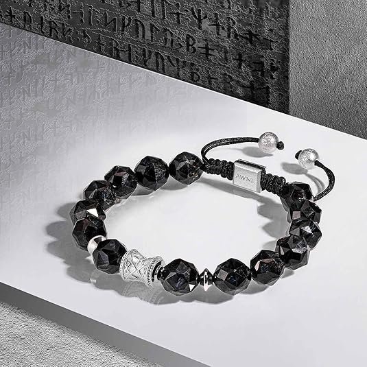 R40P-Men's Nuummite Beaded Bracelet with Sterling Silver Engraved Charm 10mm Braided Bracelet