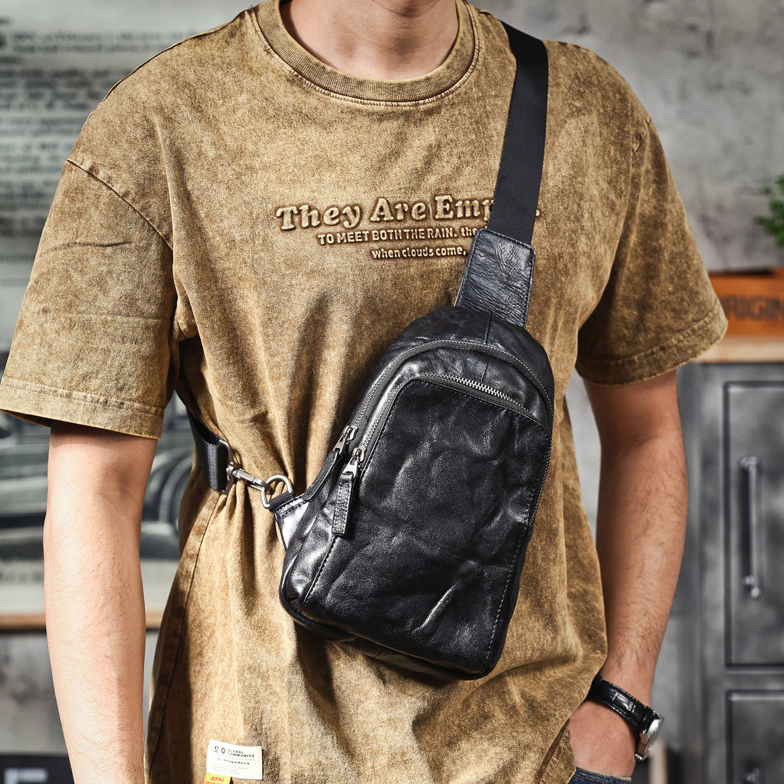 Sleek Crinkled Leather Sling Bag - Minimalist Utility for Daily Carry