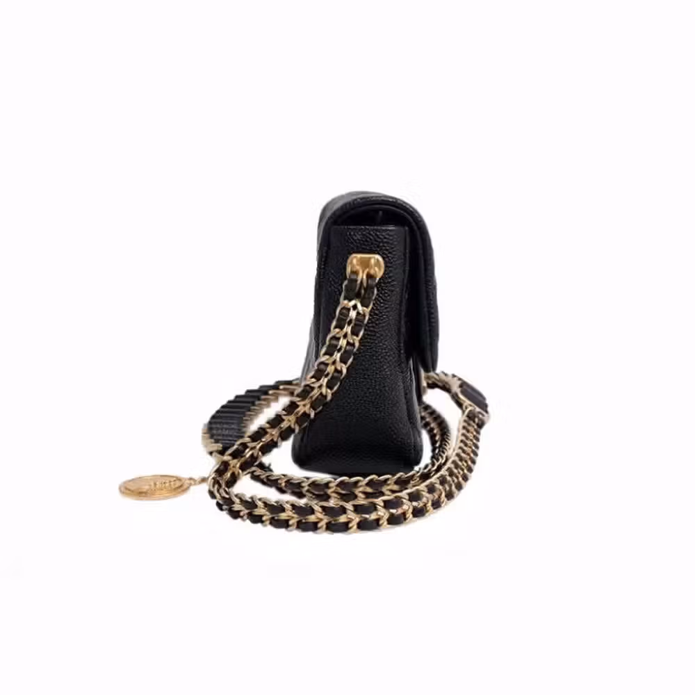 Chanel (CHANEL) women's bag CF gold coin series metal buckle badge black square fat shoulder messenger bag women's holiday gift AS2482-B06191-94305 length 19cm wide 7cm high 15cm