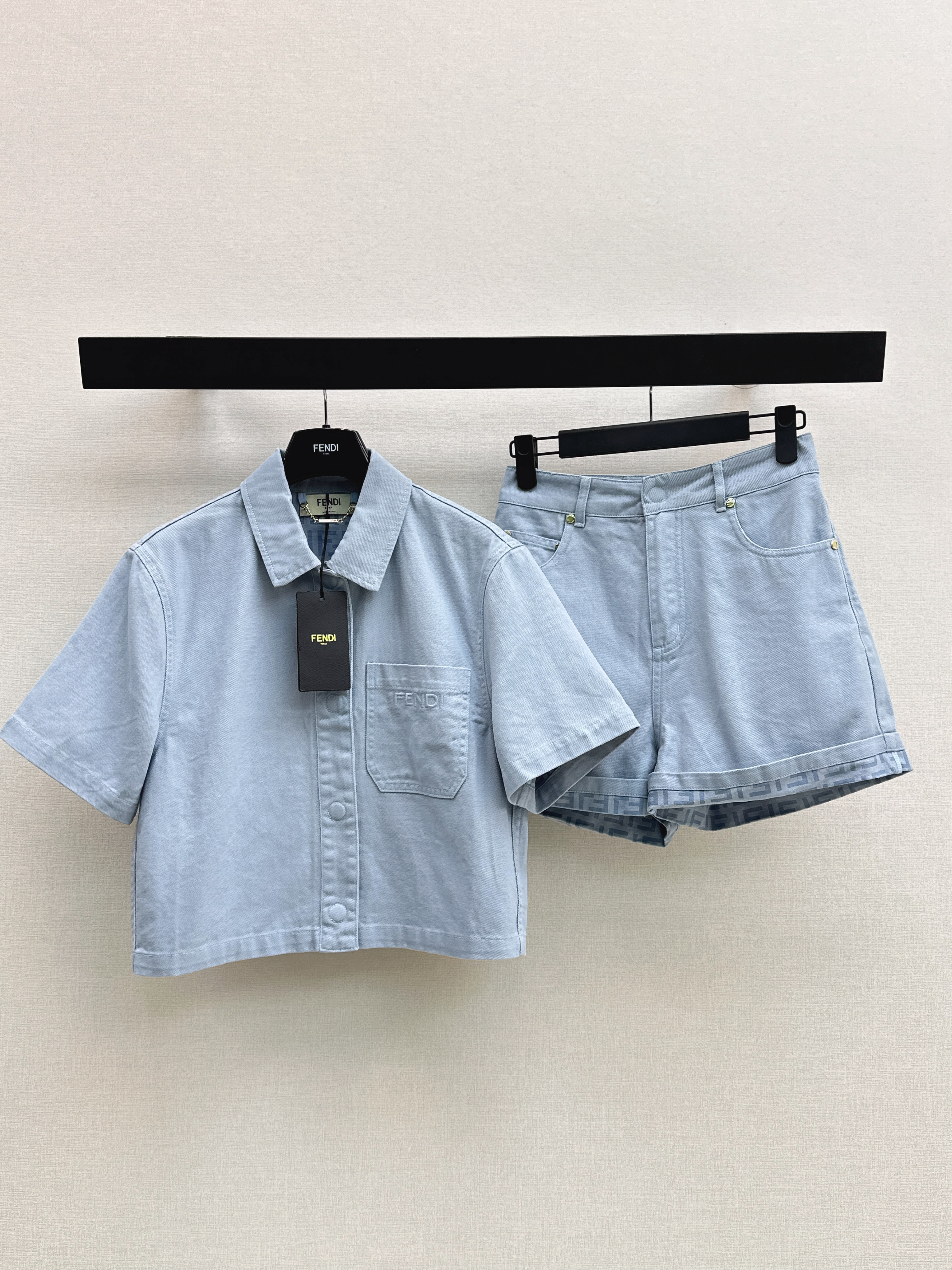 Fend New denim shirt+denim shorts set