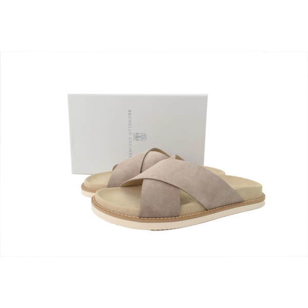 Brunello Cucinelli Suede Crisscross Slides Beige