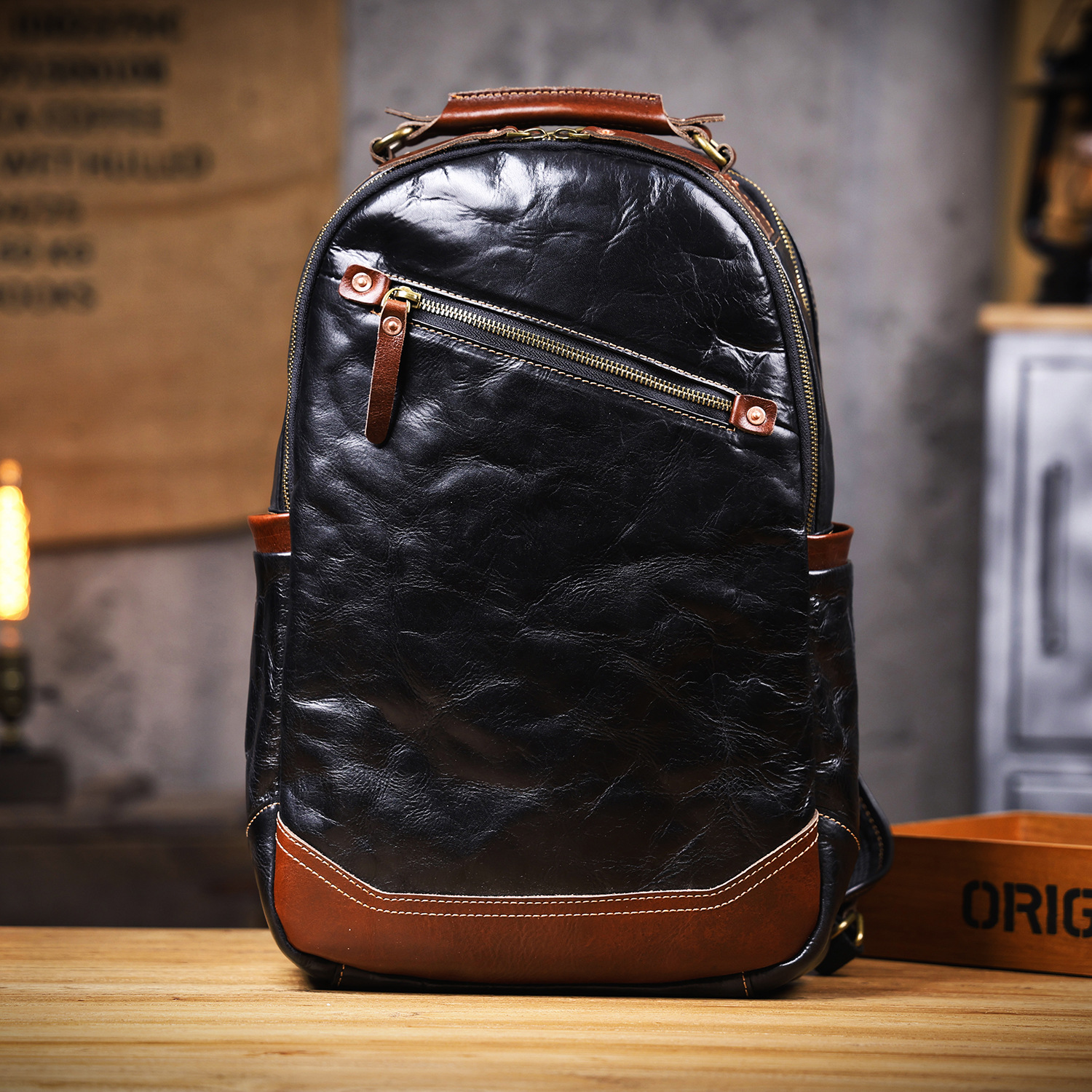 Vintage Two-Tone Leather Backpack - Timeless Craftsmanship for the Modern Professional