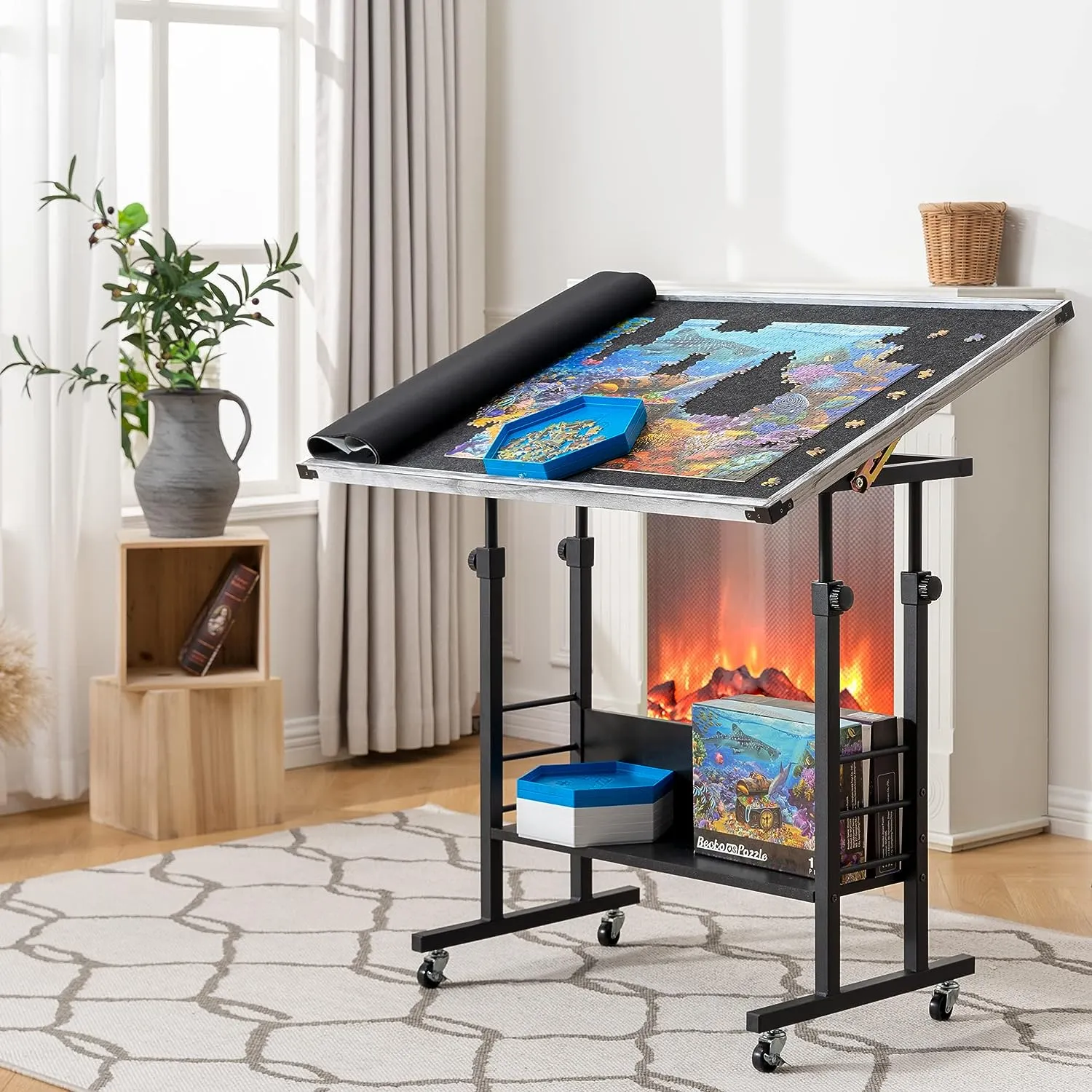 Jigsaw Puzzle Table with Legs 1500 Piece, Adjustable Puzzle Stand Up Board with 5 Tilting Angle & Height Adjustment,  Jigsaw Storage Board with Cover Mat