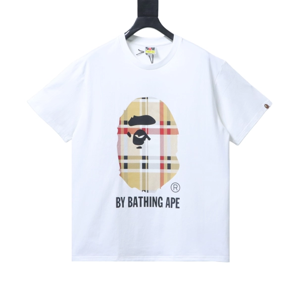 BAPE check-pattern ape head letter print short-sleeved T-shirt in white