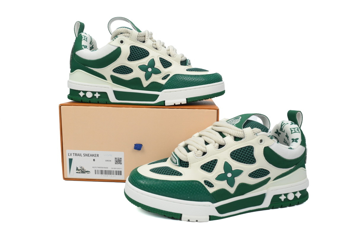 Pkkicks God Batch LOUIS VUITTON Leather lace up Fashionable Board Shoes White Green 1AC520
