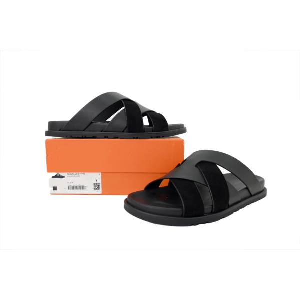 HERMES Black Cross Strap Slides