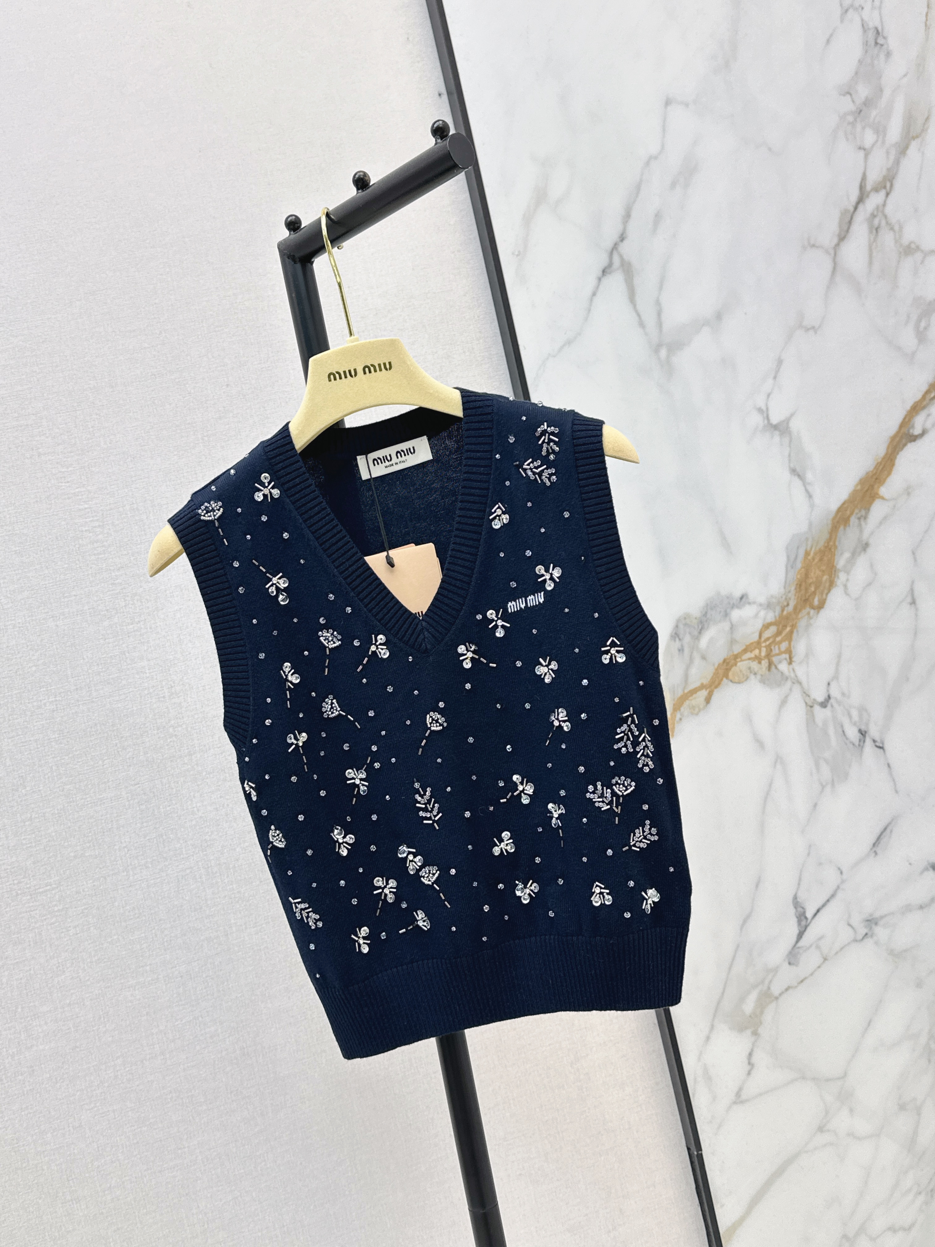 Miu New Beaded Flower Rhinestone Knitted Vest