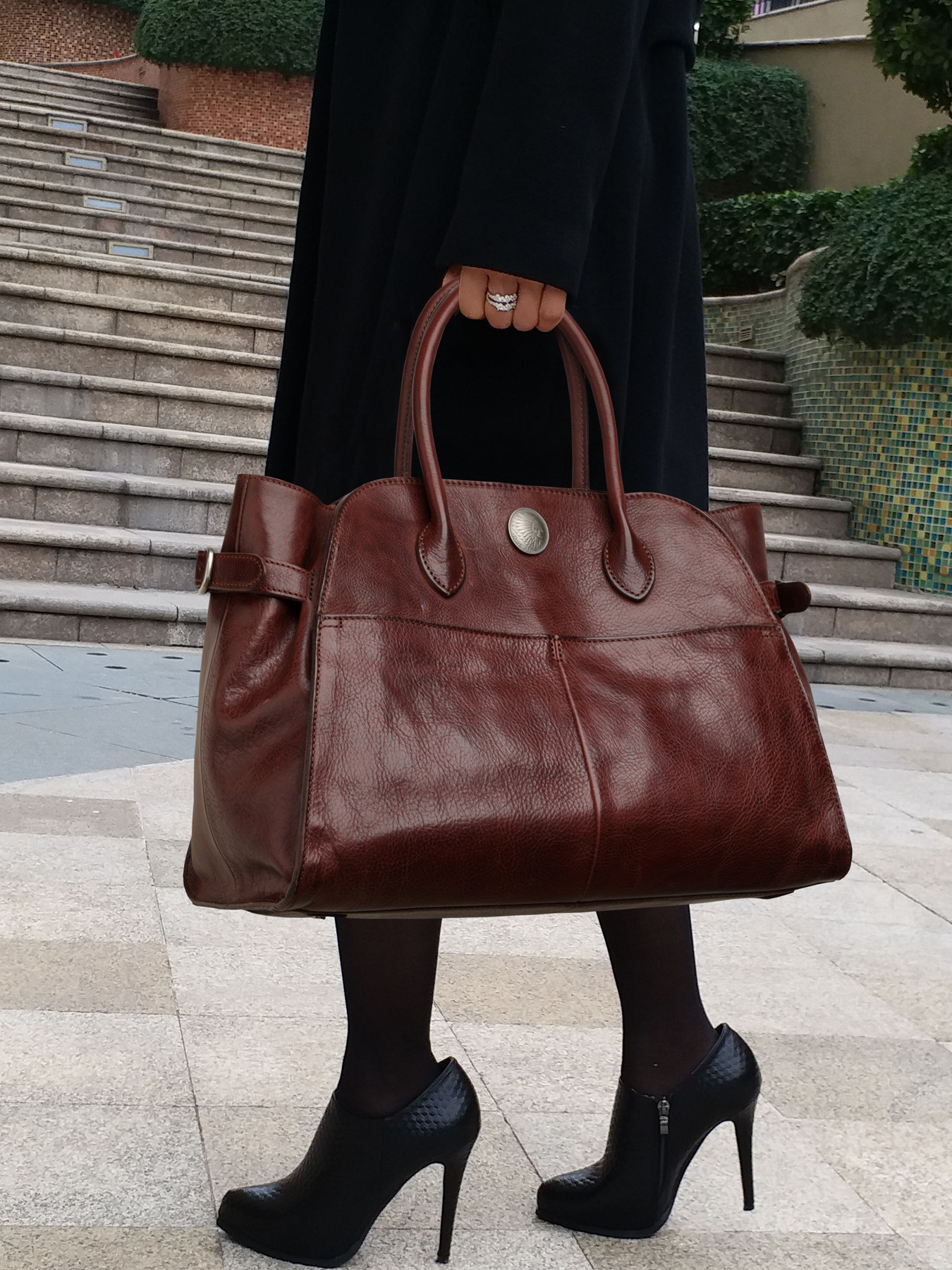 Dark Cognac Brown Leather Structured Tote