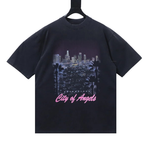 Balenciaga Clothes  Vintage Washed Short Sleeve T-shirt with Los Angeles Night Cityscape Print