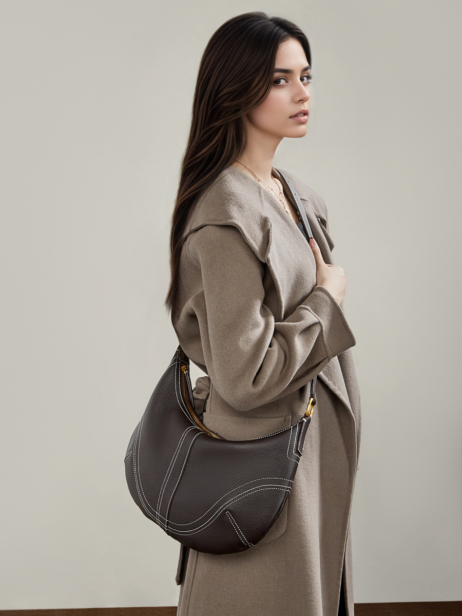 Genuine Leather Crescent Hobo Bag for Women