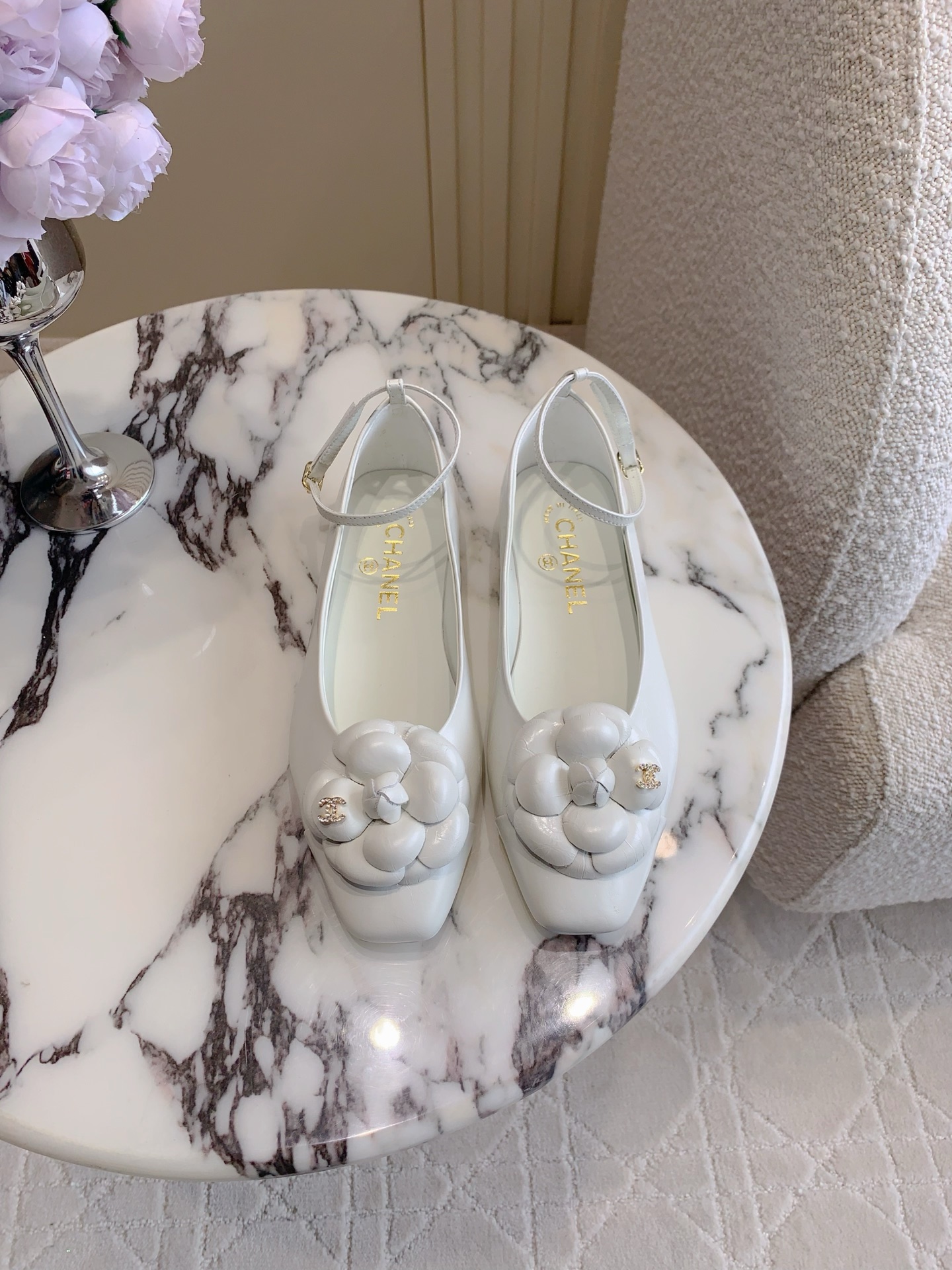 Chan New Camellia Small Square Toe Flat Shoes