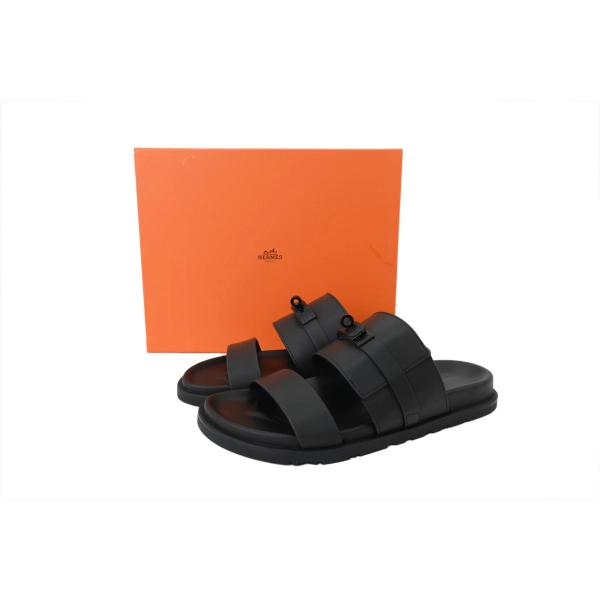 HERMES Solid Black Button Slides