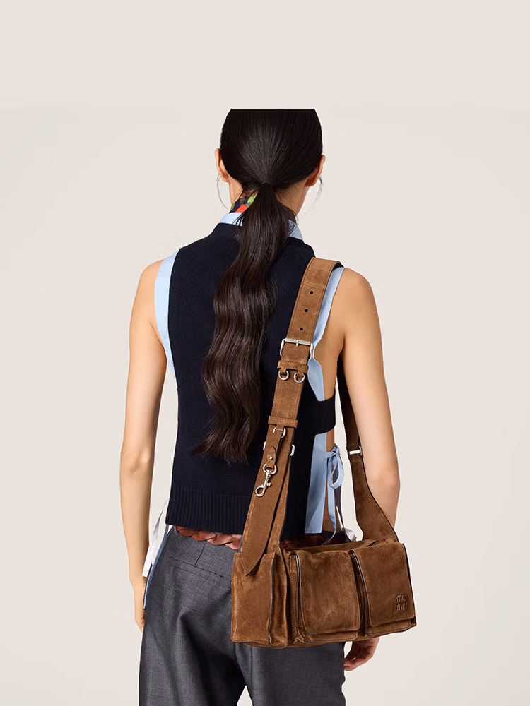 MiuMiu Miu Women's Utilitaire Suede Cow Leather Shoulder Handbag Cocoa Brown