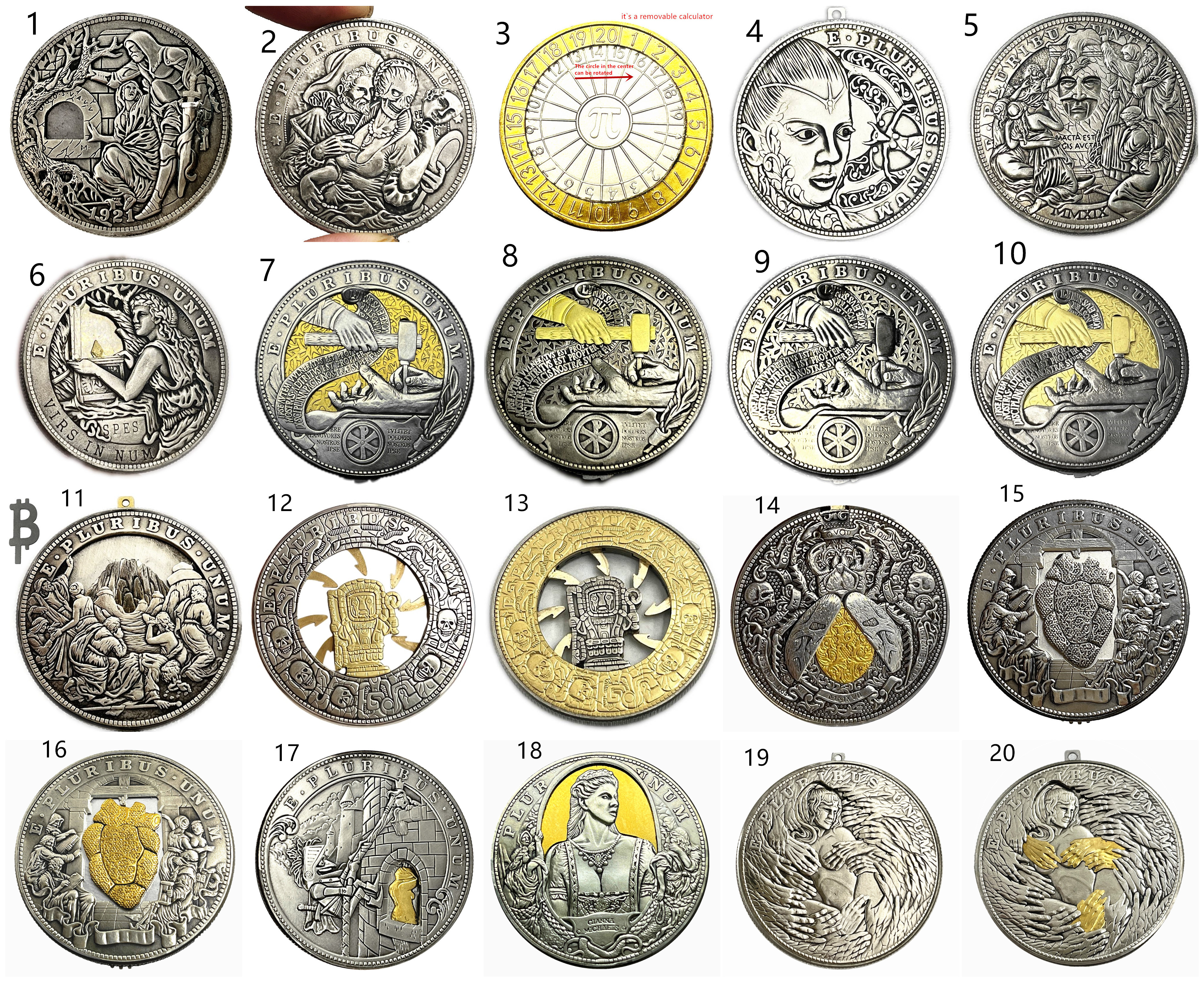 Movable Mechanical Coin Holy Grail/Beating Heart Coin Mix 20pcs Roman Booteen Amazing Art Token Hobo Nickel Morgan Dollar Magic Collectible Creative Gift Handmade Commemorative Coin