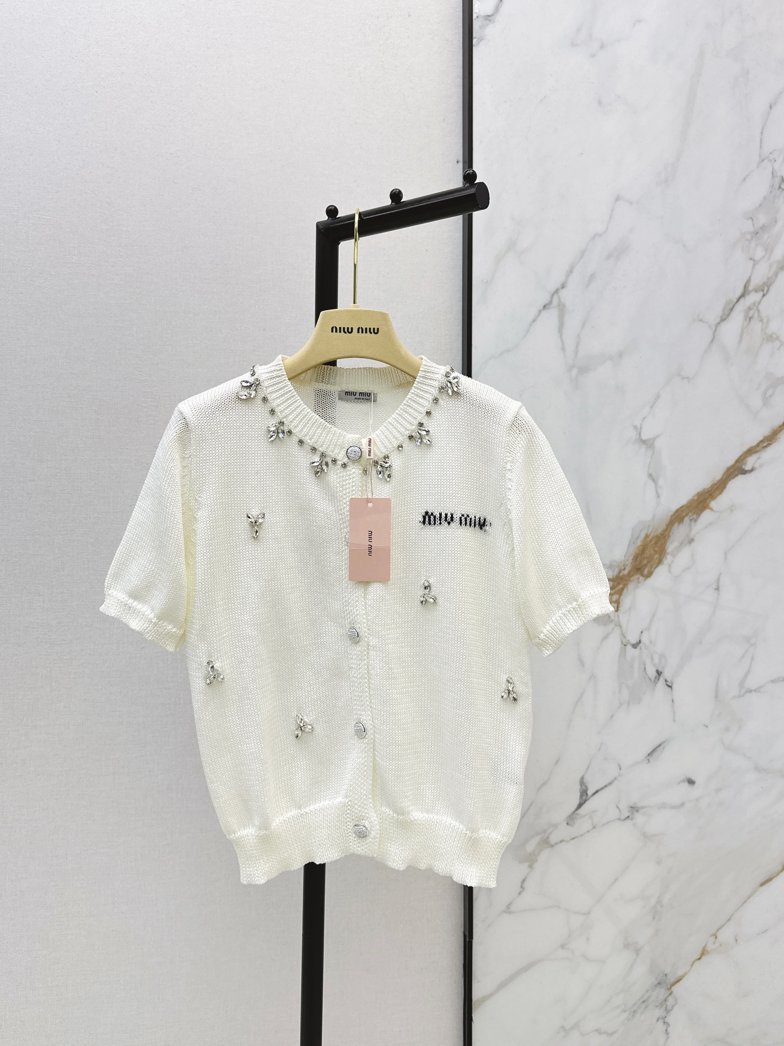 Miu NEW rhinestone short sleeve knitwear