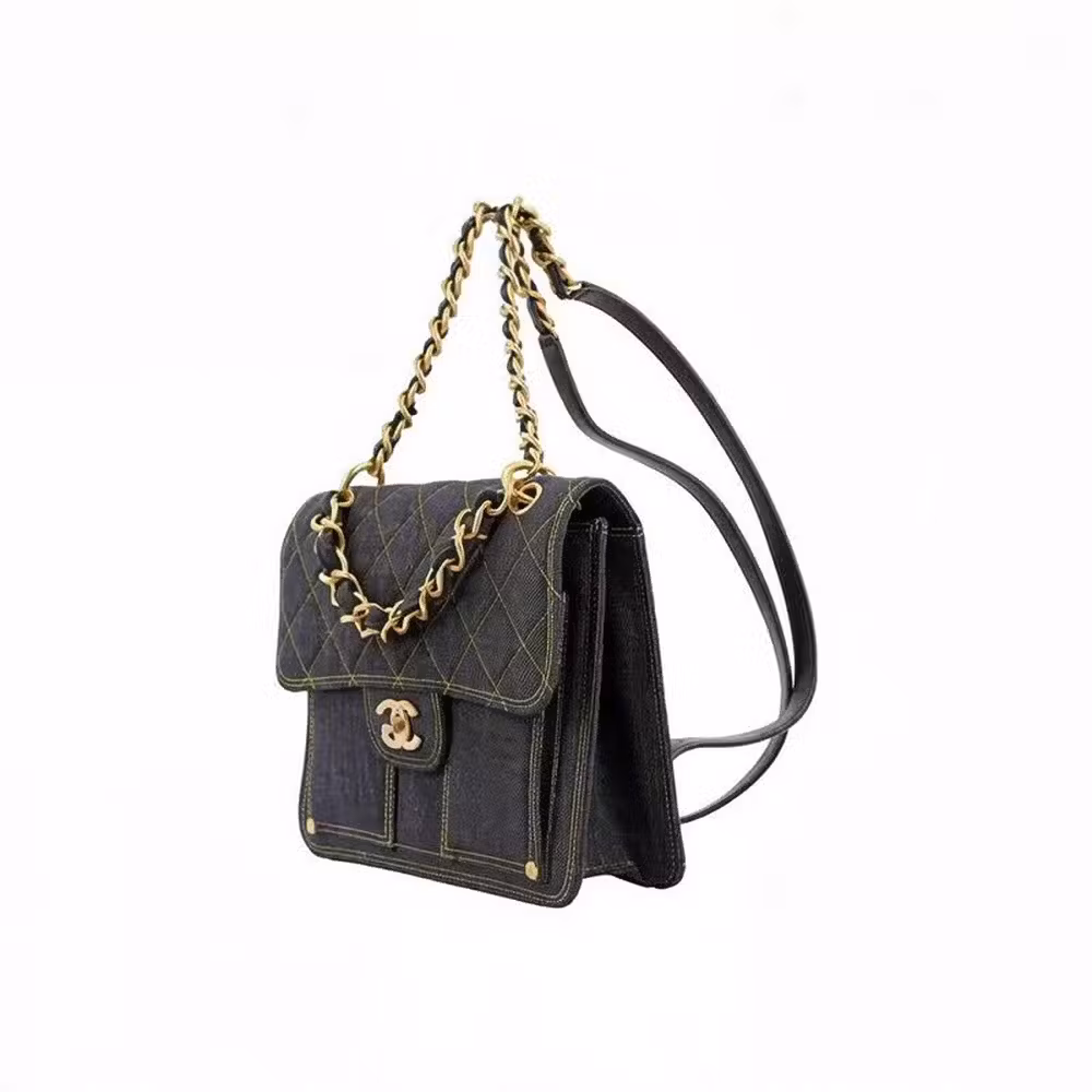 Chanel (CHANEL) Women's Bag 23S Gold Buckle Diamond Plaid Leather Wearing Chain Women's Backpack Flip Bag for Girlfriend Gift Gray Black Denim AS4031-B10732-NN576