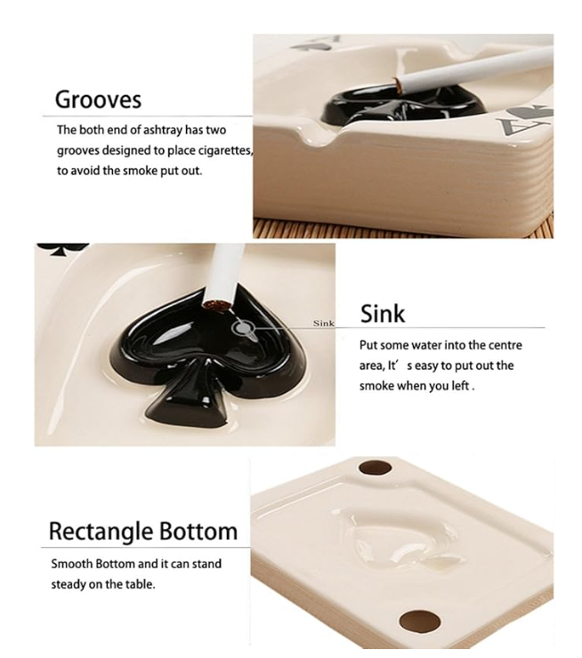 Creative Poker Ceramic Cigarette Ashtray Tabletop Portable Modern Ashtrays Cigar Ashtray for Outdoor Indoor Desktop Smoking AshTray for Home office Fashion Decoration Handmade Gift for Men Women-Black